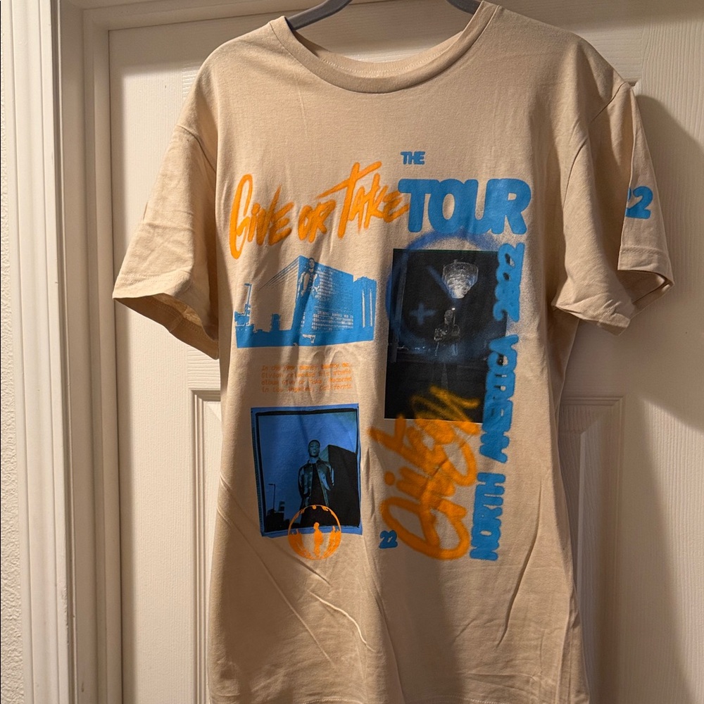 Gildan Beige Tee with Vibrant Blue and Orange Design